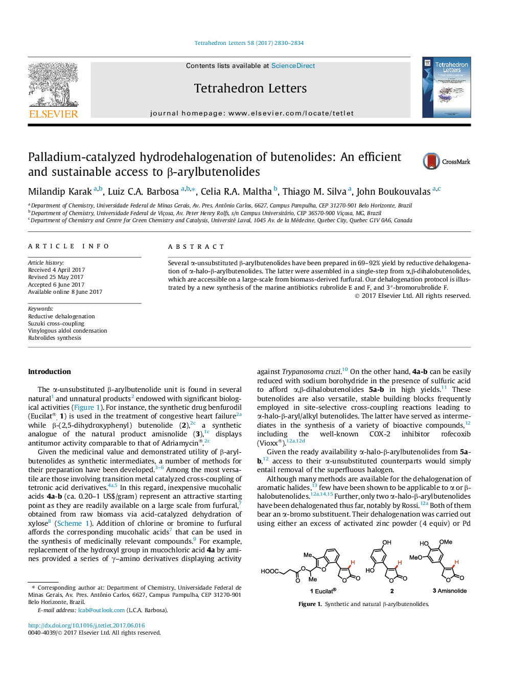 Palladium-catalyzed hydrodehalogenation of butenolides: An efficient and sustainable access to Î²-arylbutenolides