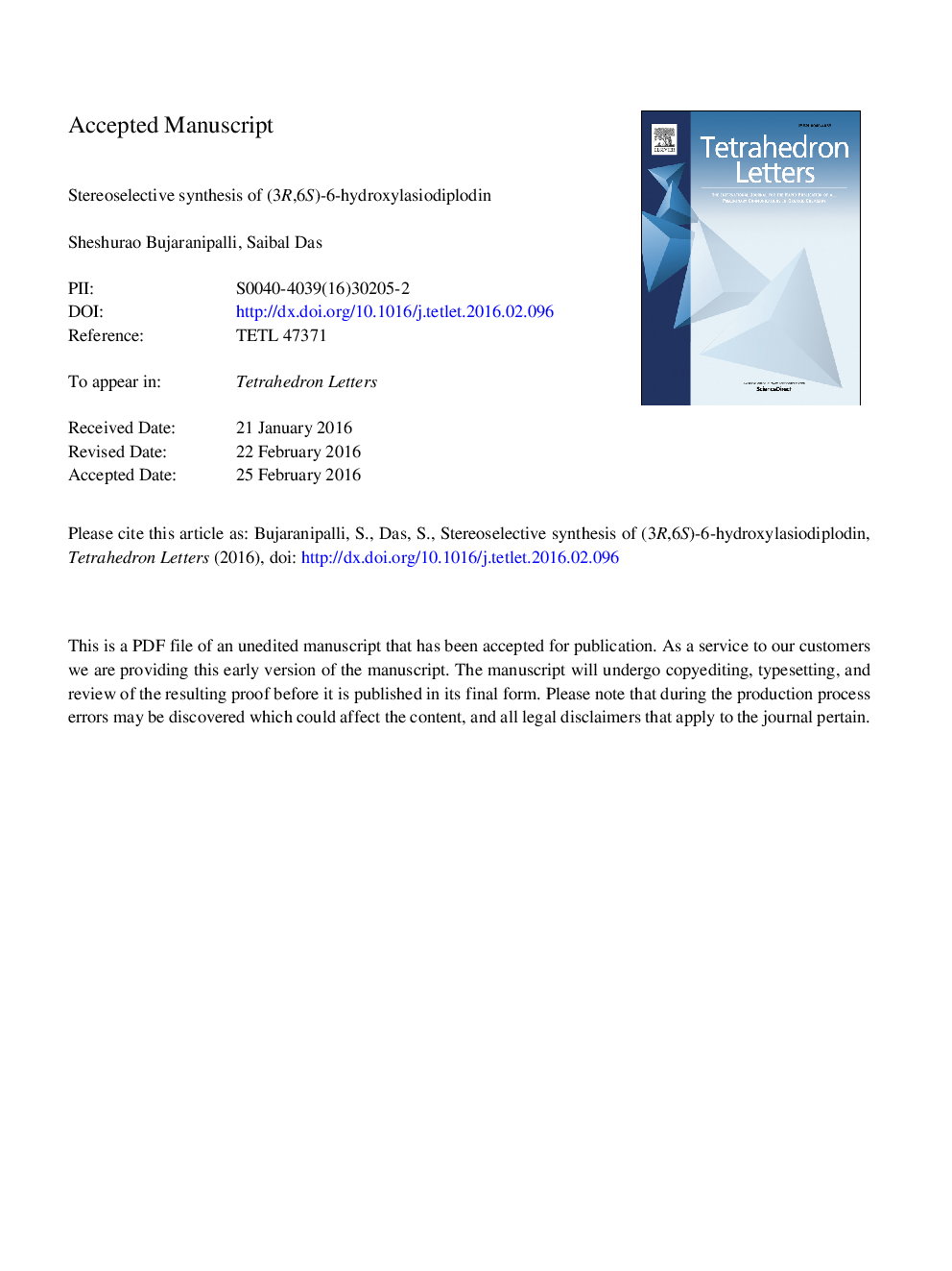 عکس صفحه اول مقاله: Stereoselective synthesis of (3R,6S)-6-hydroxylasiodiplodin Stereoselective synthesis of (3R,6S)-6-hydroxylasiodiplodin