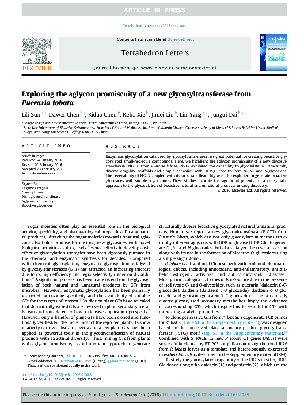 Exploring the aglycon promiscuity of a new glycosyltransferase from Pueraria lobata