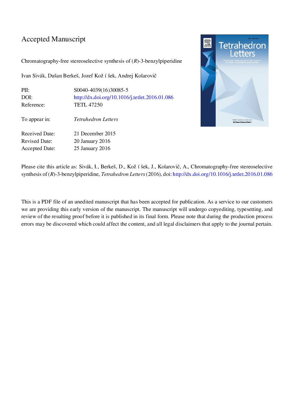 Chromatography-free stereoselective synthesis of (R)-3-benzylpiperidine