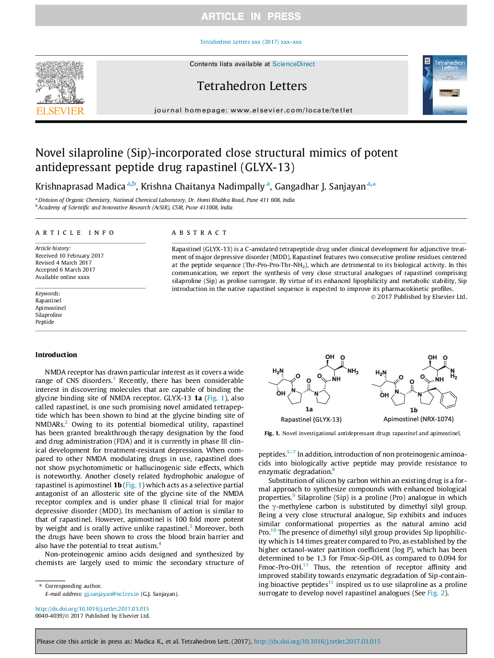 Novel silaproline (Sip)-incorporated close structural mimics of potent antidepressant peptide drug rapastinel (GLYX-13)