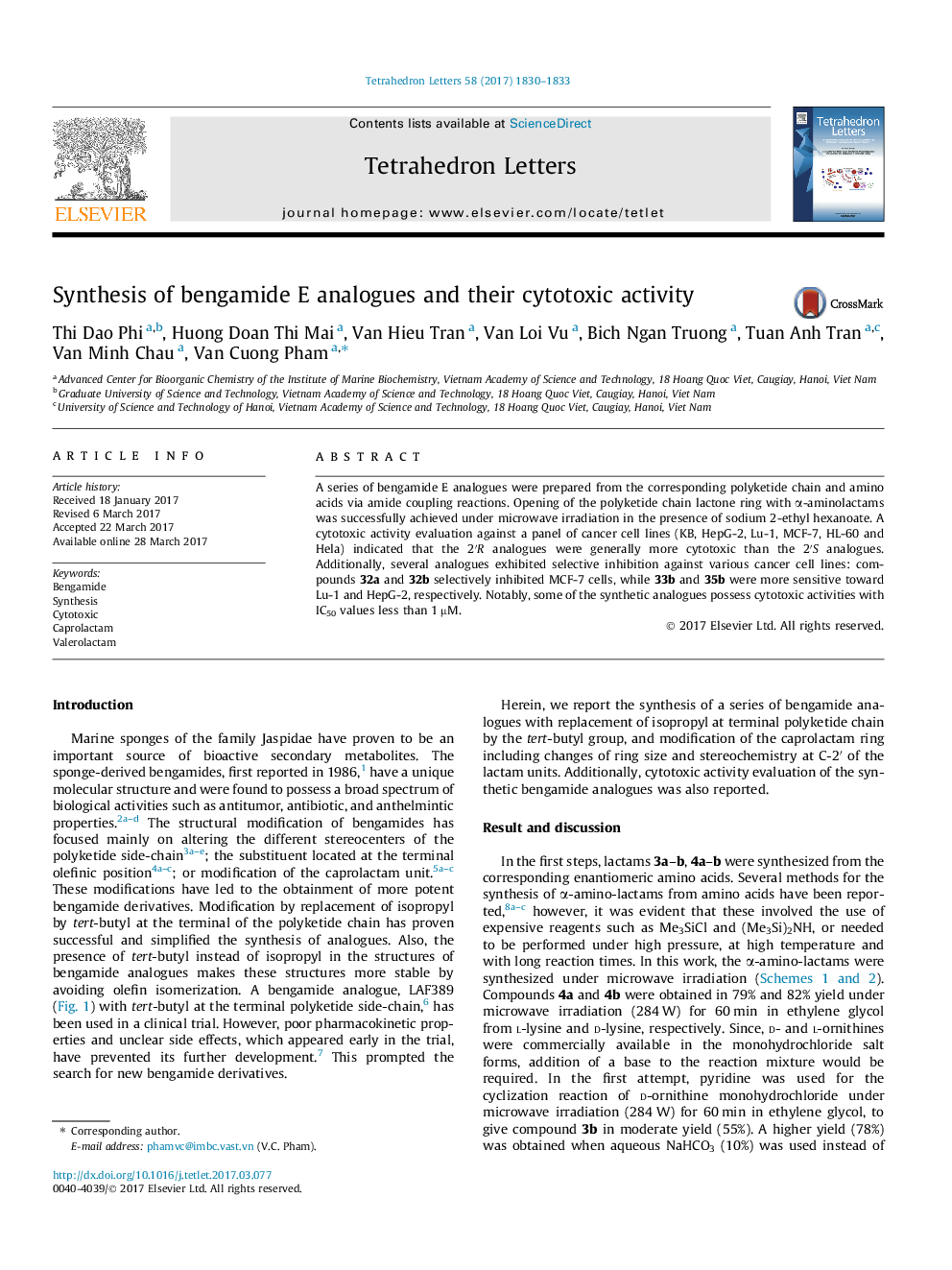 Synthesis of bengamide E analogues and their cytotoxic activity