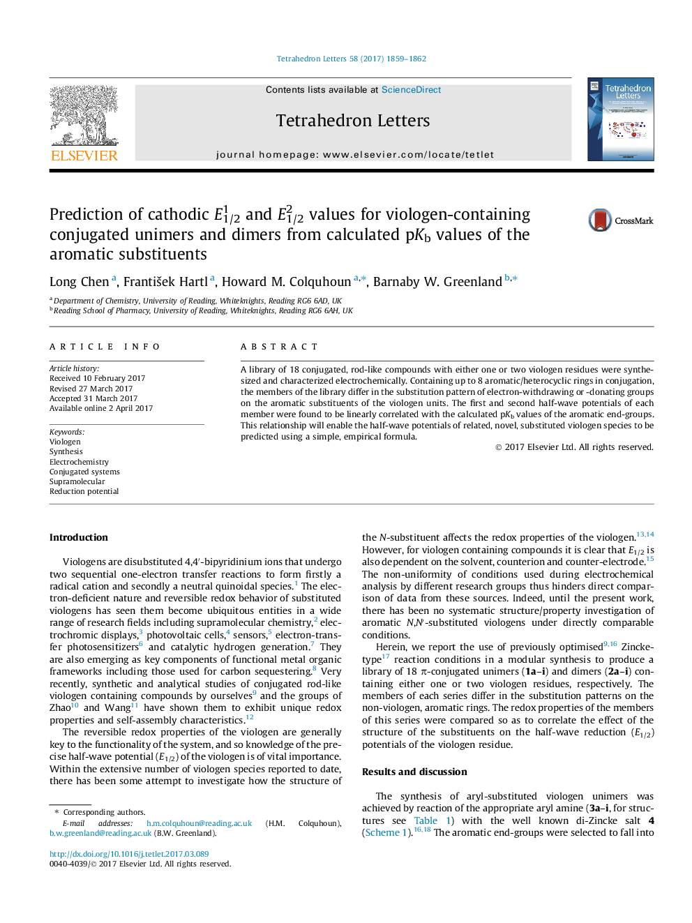 Prediction of cathodic E1/21 and E1/22 values for viologen-containing conjugated unimers and dimers from calculated pKb values of the aromatic substituents