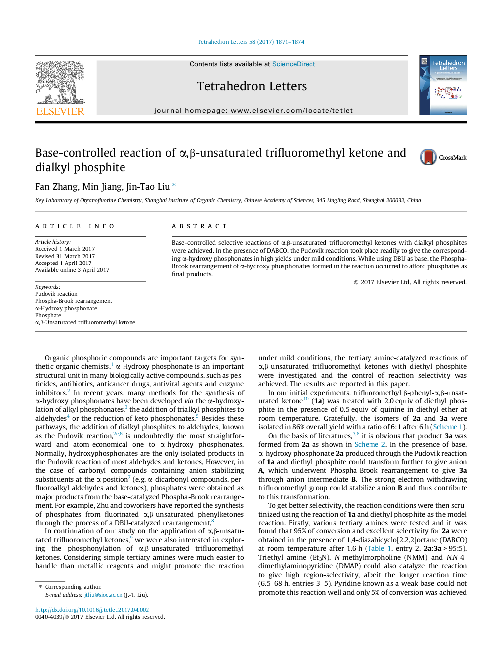 Base-controlled reaction of Î±,Î²-unsaturated trifluoromethyl ketone and dialkyl phosphite