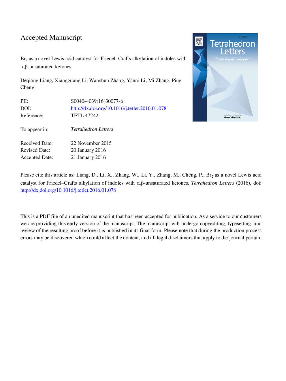 Br2 as a novel Lewis acid catalyst for Friedel-Crafts alkylation of indoles with Î±,Î²-unsaturated ketones