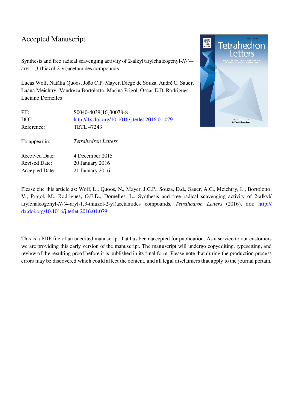 Synthesis and free radical scavenging activity of 2-alkyl/arylchalcogenyl-N-(4-aryl-1,3-thiazol-2-yl)acetamide compounds