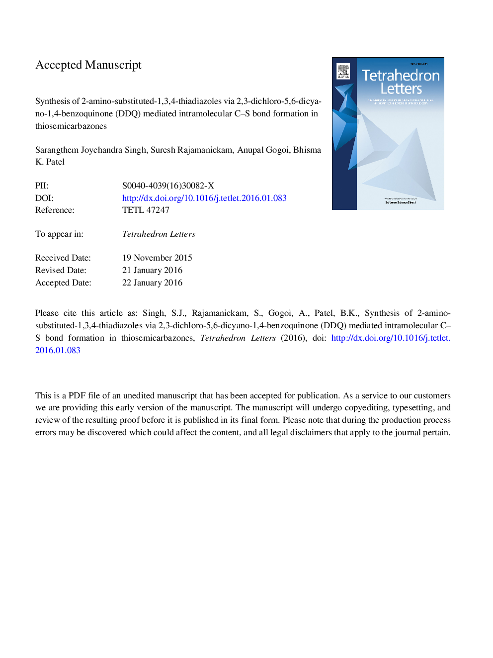 Synthesis of 2-amino-substituted-1,3,4-thiadiazoles via 2,3-dichloro-5,6-dicyano-1,4-benzoquinone (DDQ) mediated intramolecular C-S bond formation in thiosemicarbazones