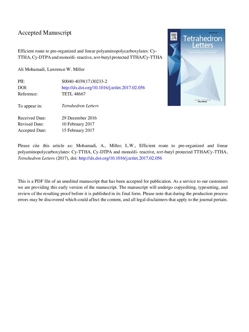 عکس صفحه اول مقاله: Efficient route to pre-organized and linear polyaminopolycarboxylates: Cy-TTHA, Cy-DTPA and mono/di- reactive, tert-butyl protected TTHA/Cy-TTHA Efficient route to pre-organized and linear polyaminopolycarboxylates: Cy-TTHA, Cy-DTPA and mono/di- reactive, tert-butyl protected TTHA/Cy-TTHA