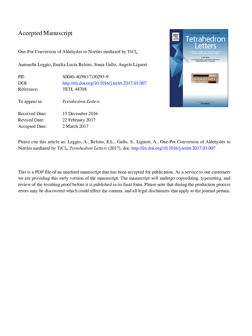 One-pot conversion of aldehydes to nitriles mediated by TiCl4