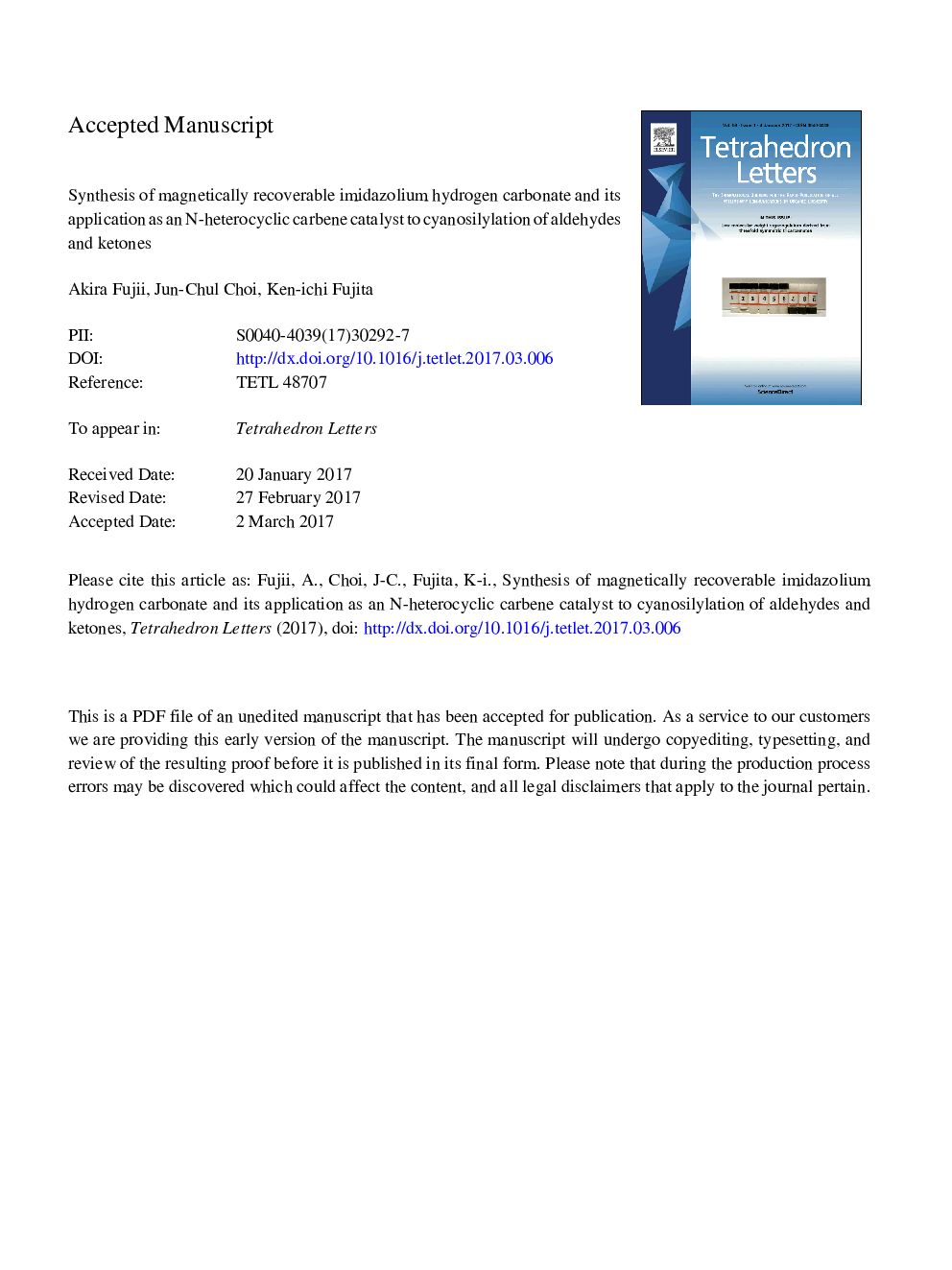 Synthesis of magnetically recoverable imidazolium hydrogen carbonate and its application as an N-heterocyclic carbene catalyst to cyanosilylation of aldehydes and ketones