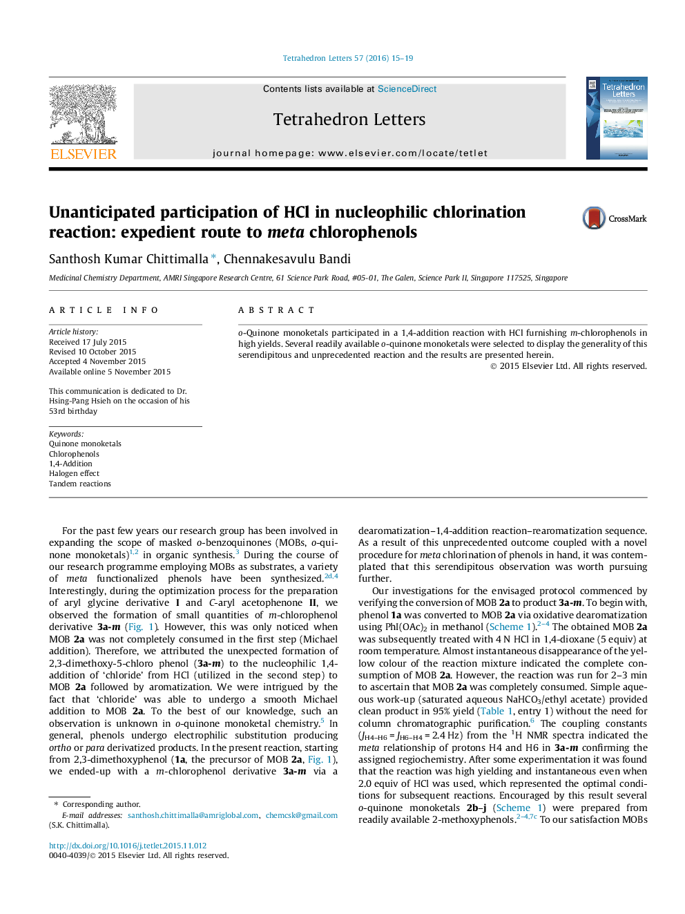 Unanticipated participation of HCl in nucleophilic chlorination reaction: expedient route to meta chlorophenols