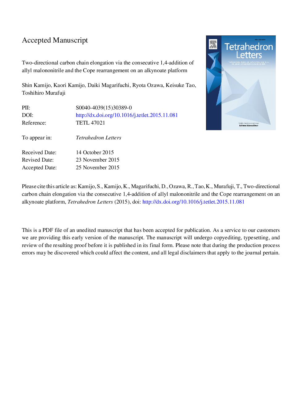 Two-directional carbon chain elongation via the consecutive 1,4-addition of allyl malononitrile and the Cope rearrangement on an alkynoate platform