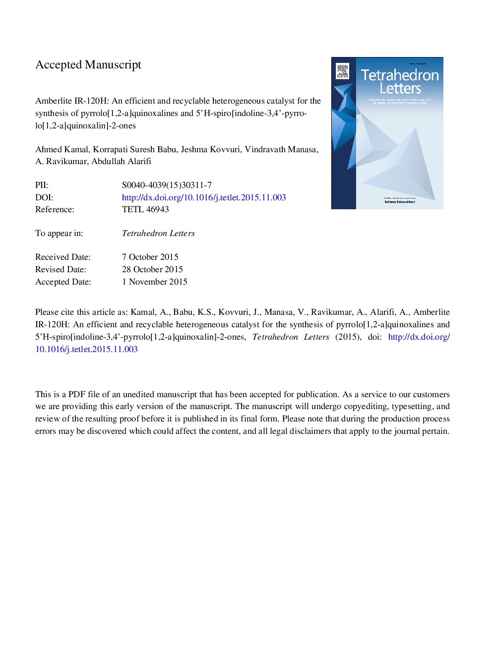 Amberlite IR-120H: an efficient and recyclable heterogeneous catalyst for the synthesis of pyrrolo[1,2-a]quinoxalines and 5â²H-spiro[indoline-3,4â²-pyrrolo[1,2-a]quinoxalin]-2-ones