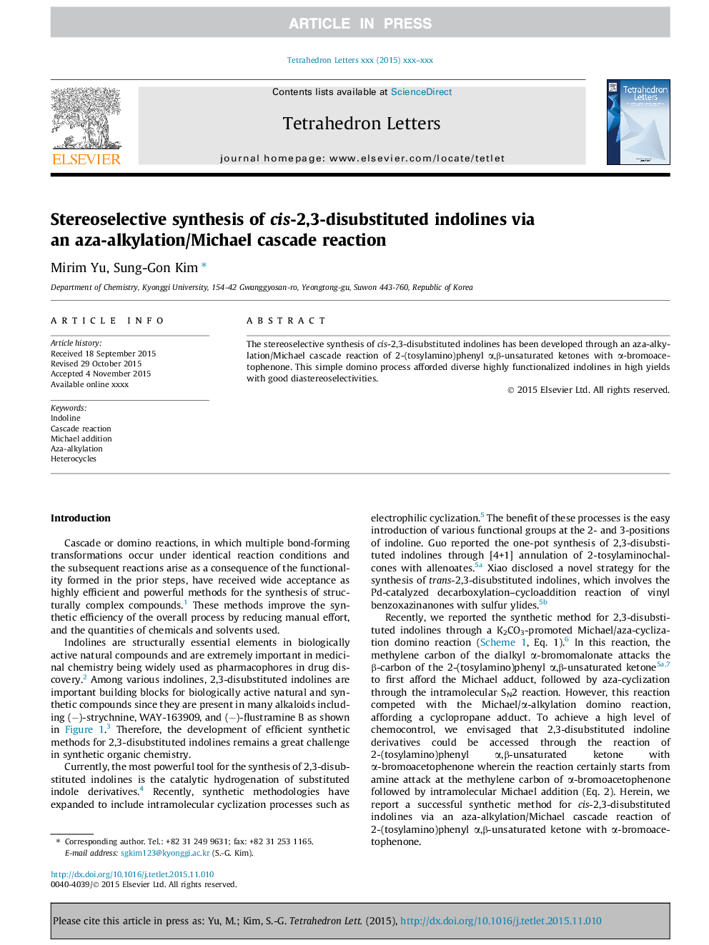 Stereoselective synthesis of cis-2,3-disubstituted indolines via an aza-alkylation/Michael cascade reaction