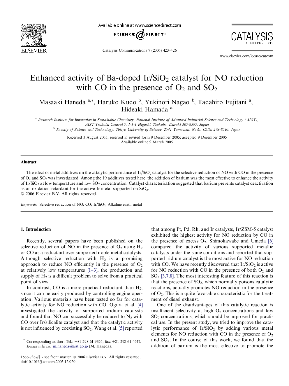 Enhanced activity of Ba-doped Ir/SiO2 catalyst for NO reduction with CO in the presence of O2 and SO2