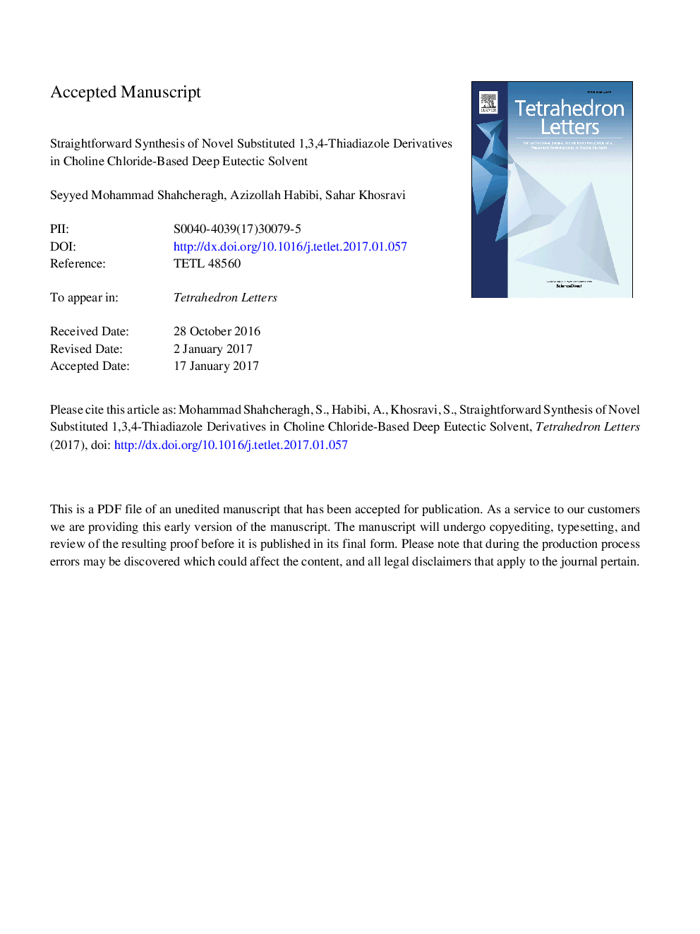 Straightforward synthesis of novel substituted 1,3,4-thiadiazole derivatives in choline chloride-based deep eutectic solvent