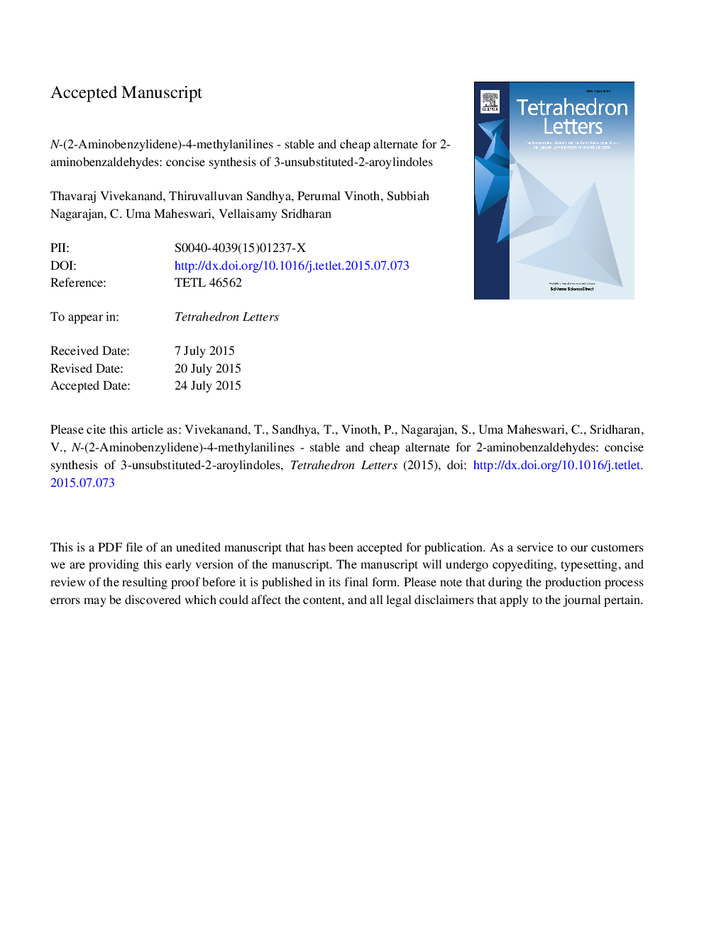 N-(2-Aminobenzylidene)-4-methylanilines-stable and cheap alternate for 2-aminobenzaldehydes: concise synthesis of 3-unsubstituted-2-aroylindoles