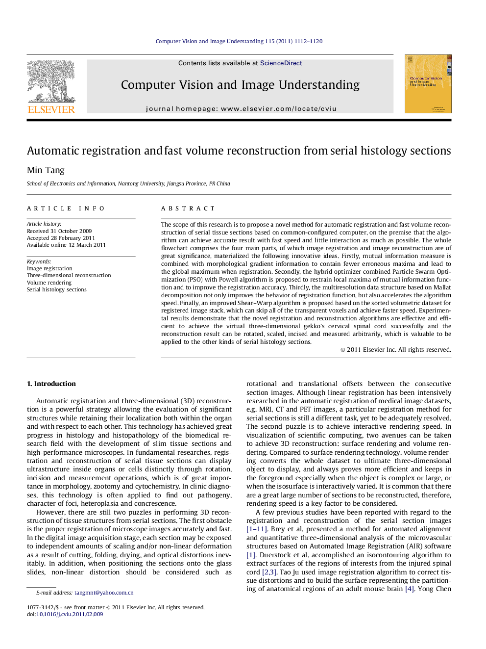 Automatic registration and fast volume reconstruction from serial histology sections