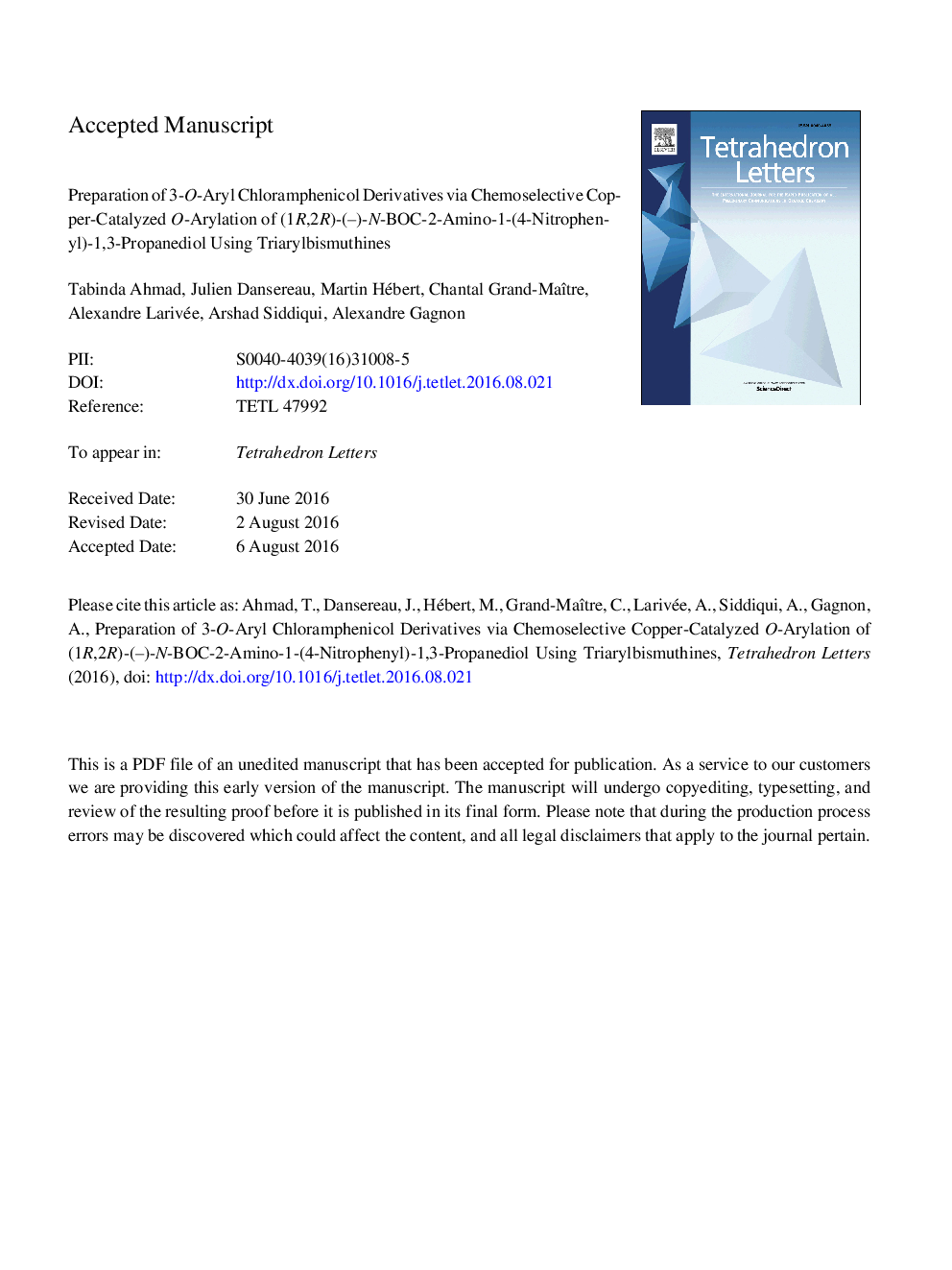 Preparation of 3-O-aryl chloramphenicol derivatives via chemoselective copper-catalyzed O-arylation of (1R,2R)-(â)-N-BOC-2-amino-1-(4-nitrophenyl)-1,3-propanediol using triarylbismuthines