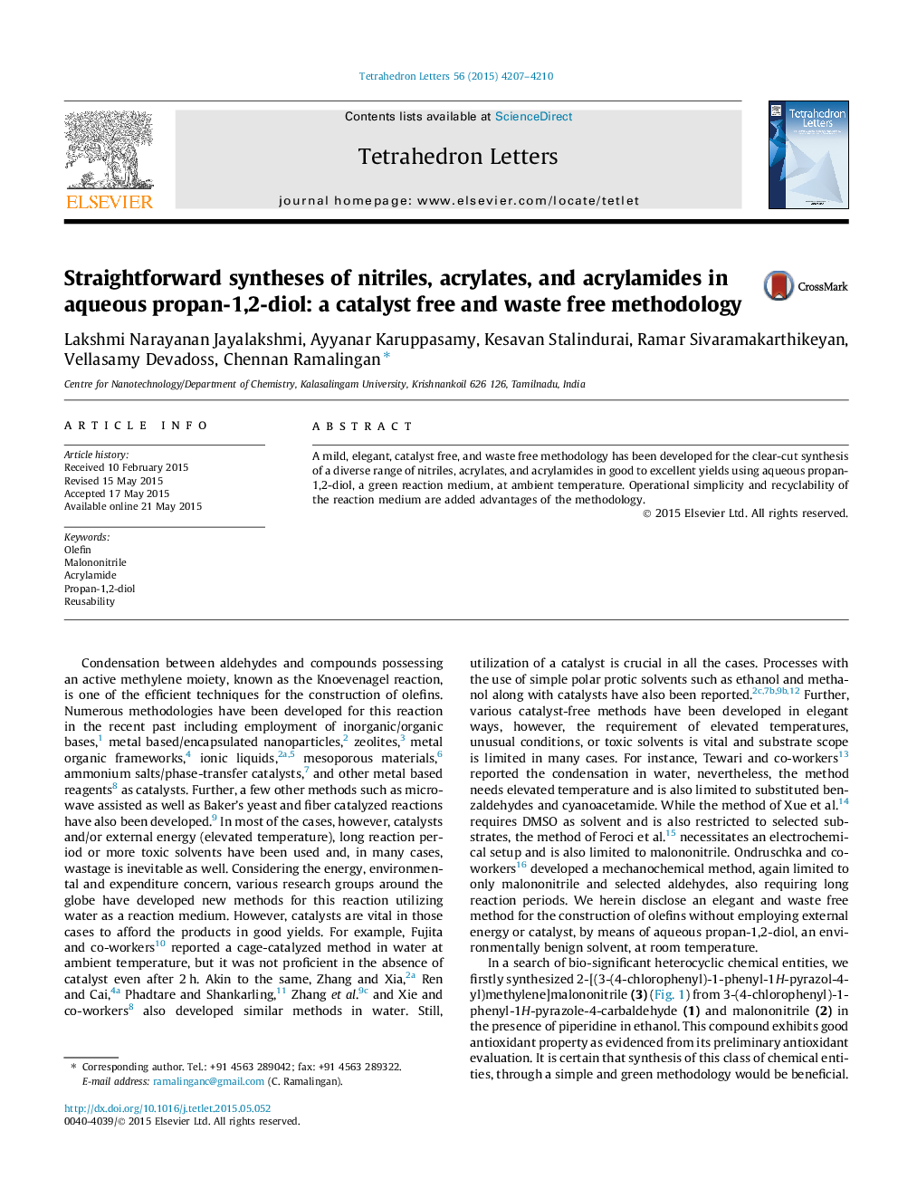 Straightforward syntheses of nitriles, acrylates, and acrylamides in aqueous propan-1,2-diol: a catalyst free and waste free methodology