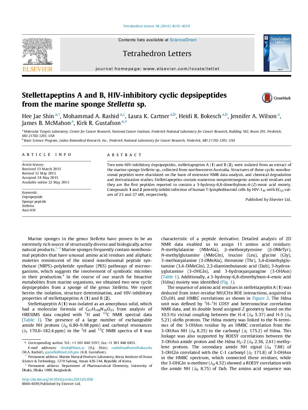 Stellettapeptins A and B, HIV-inhibitory cyclic depsipeptides from the marine sponge Stelletta sp.