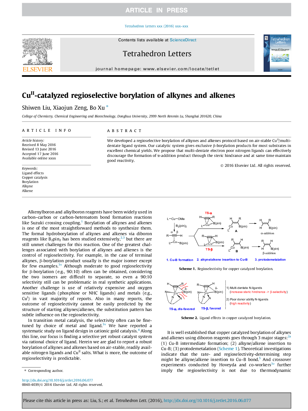 CuII-catalyzed regioselective borylation of alkynes and alkenes