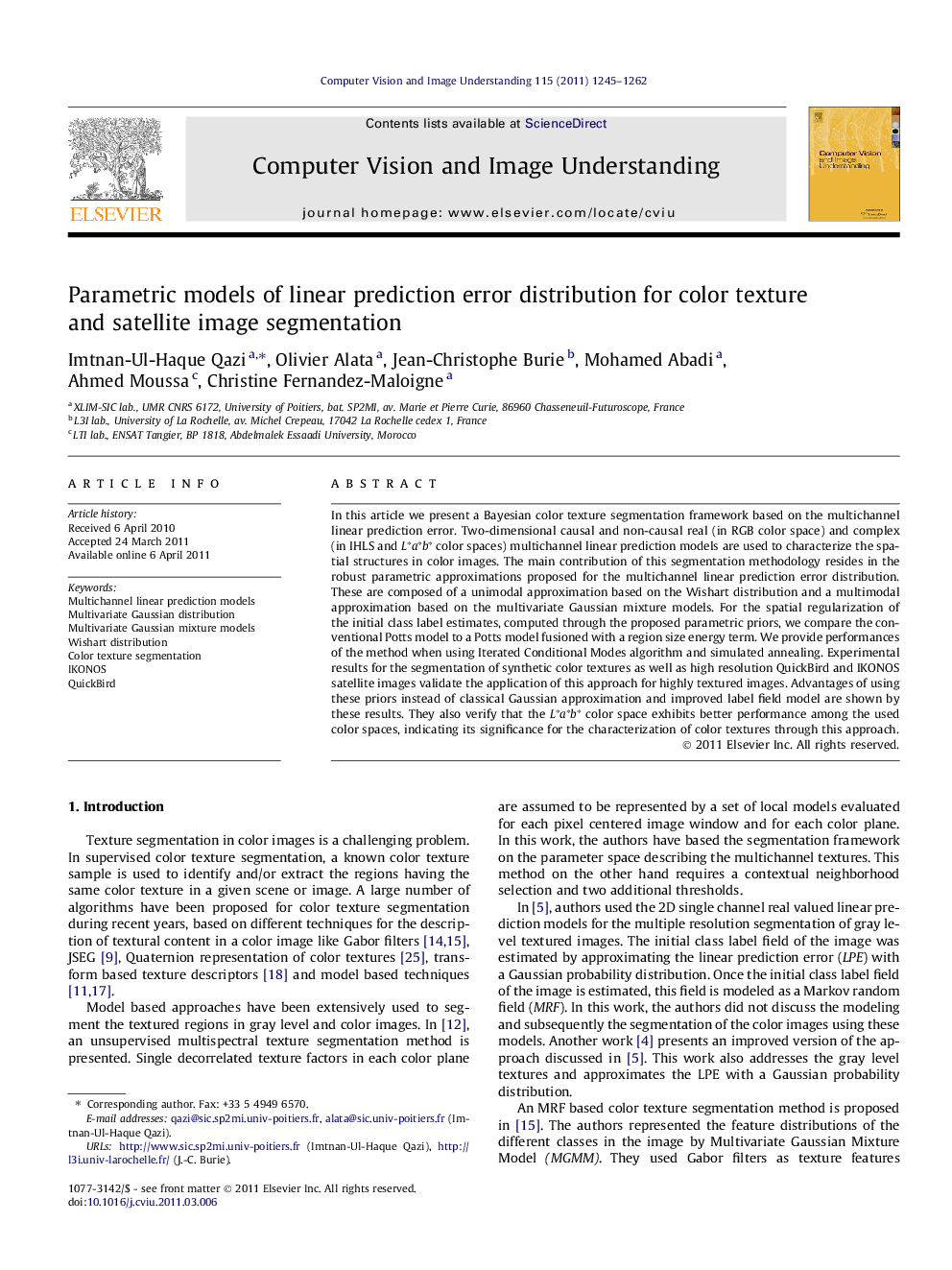 Parametric models of linear prediction error distribution for color texture and satellite image segmentation