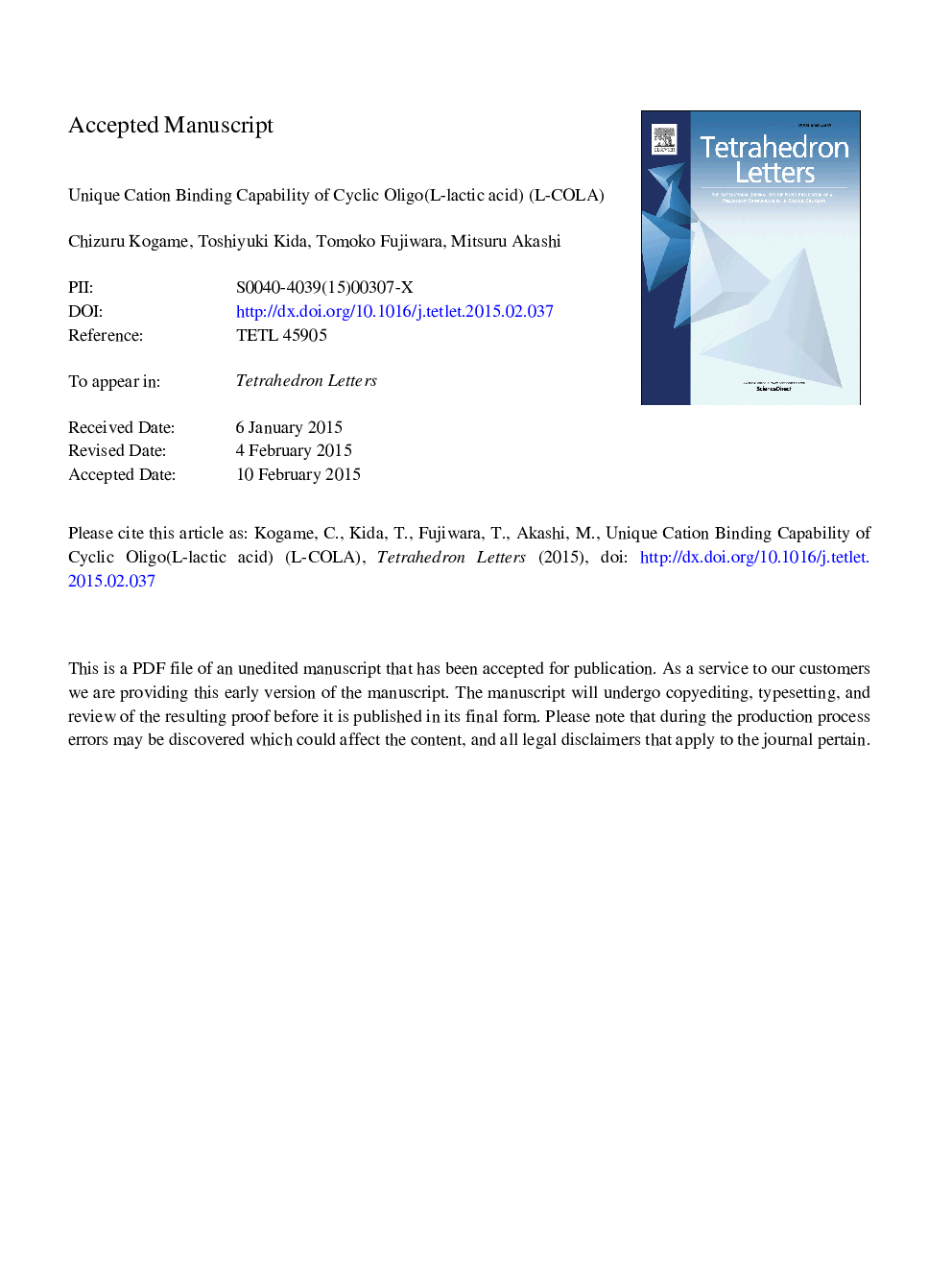 Unique cation binding capability of cyclic oligo(l-lactic acid) (l-COLA)