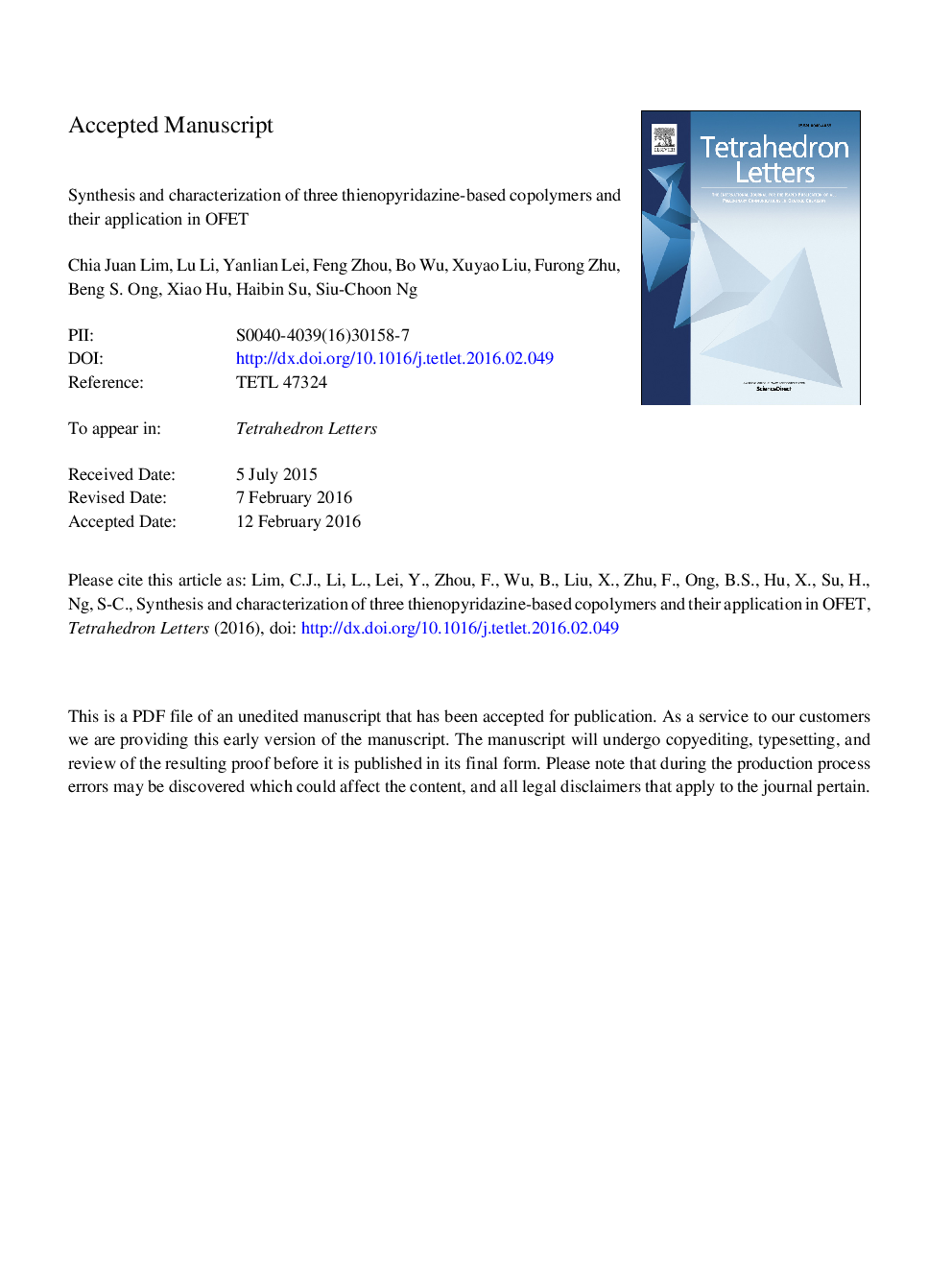 Synthesis and characterization of three thienopyridazine-based copolymers and their application in OFET