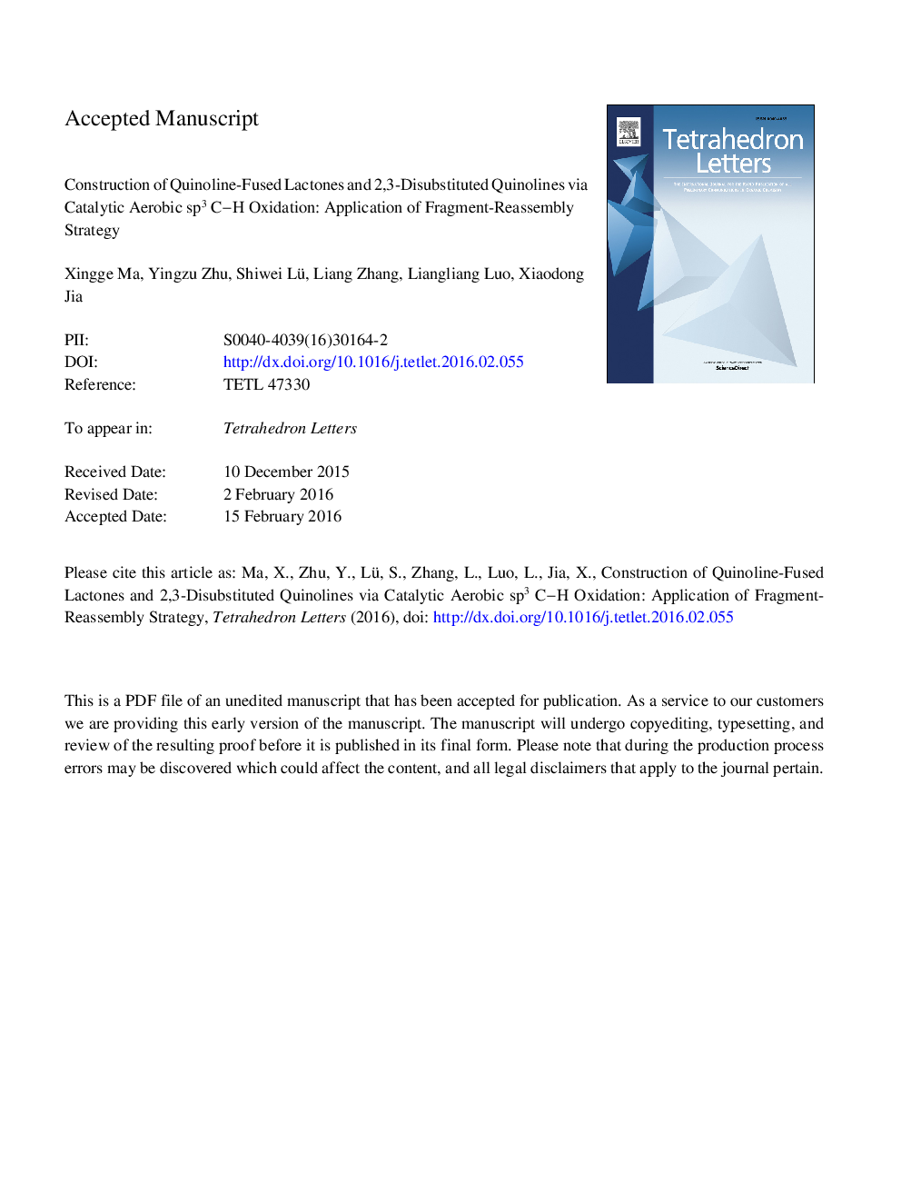 Construction of quinoline-fused lactones and 2,3-disubstituted quinolines via catalytic aerobic sp3 C-H oxidation: application of fragment-reassembly strategy