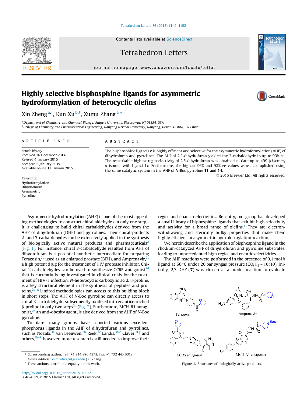 Highly selective bisphosphine ligands for asymmetric hydroformylation of heterocyclic olefins