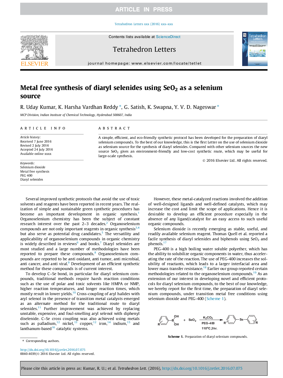 Metal free synthesis of diaryl selenides using SeO2 as a selenium source