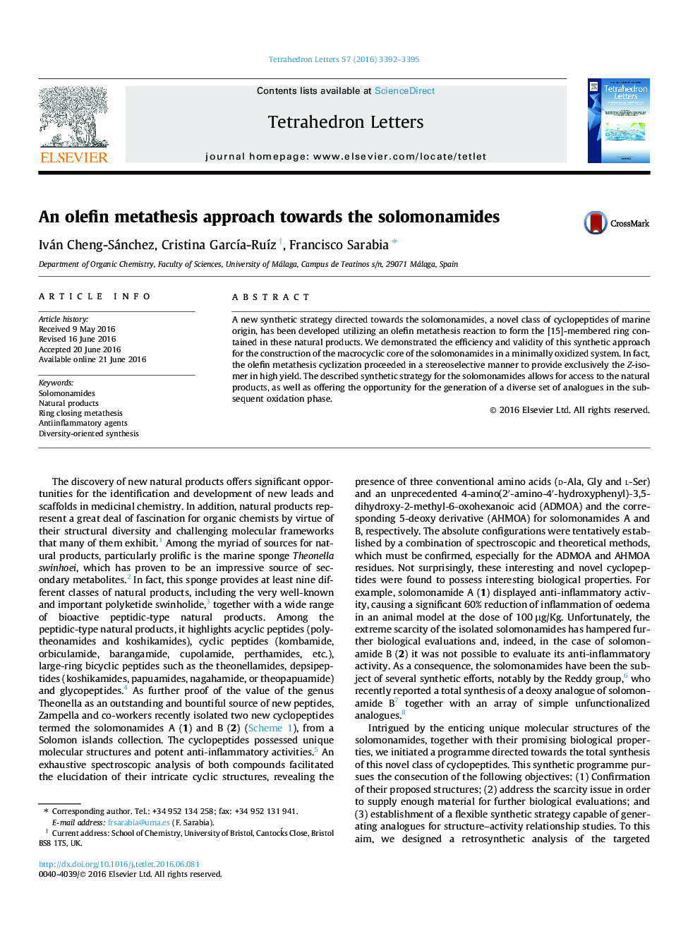 An olefin metathesis approach towards the solomonamides