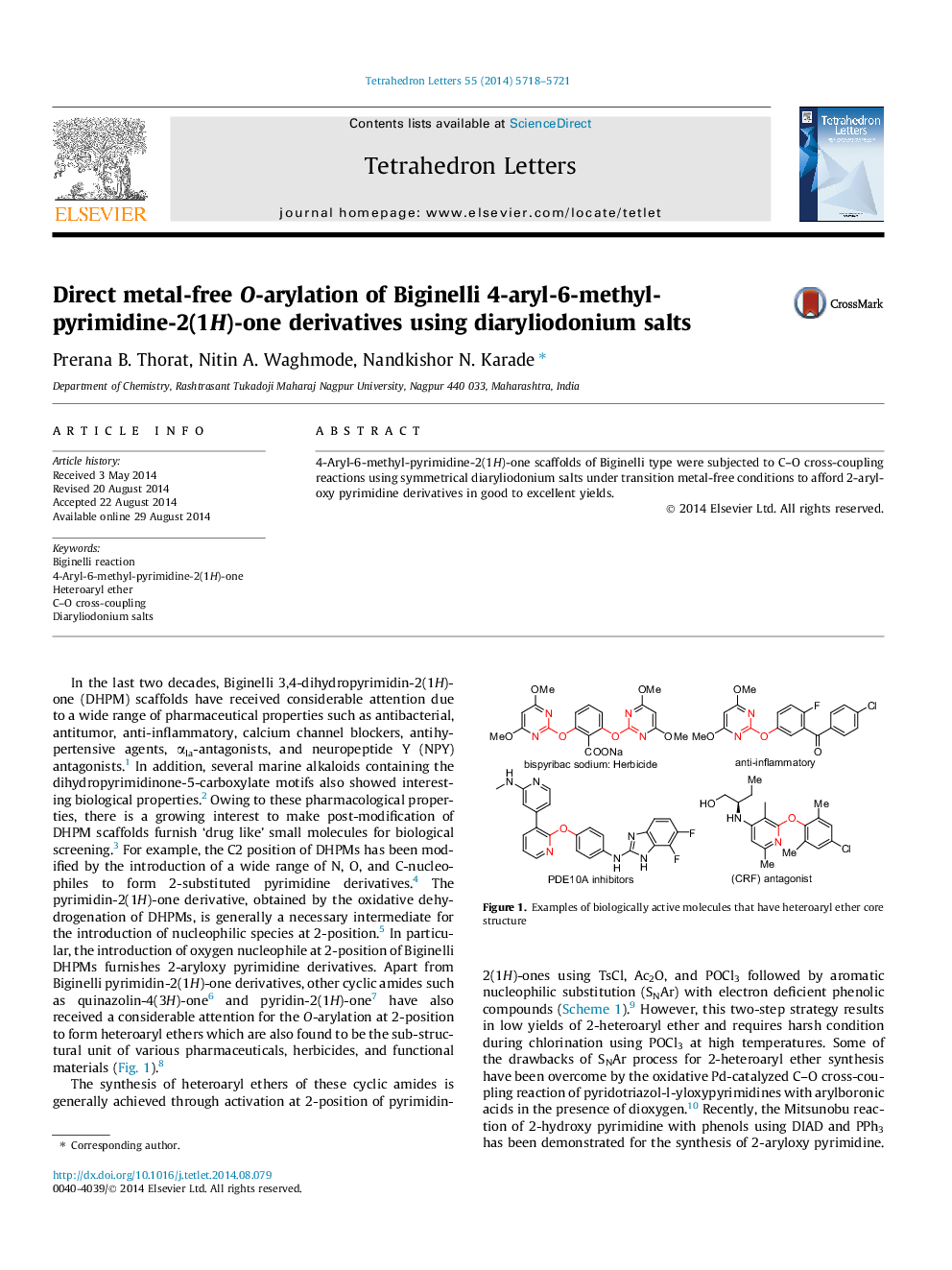 Direct metal-free O-arylation of Biginelli 4-aryl-6-methyl-pyrimidine-2(1H)-one derivatives using diaryliodonium salts