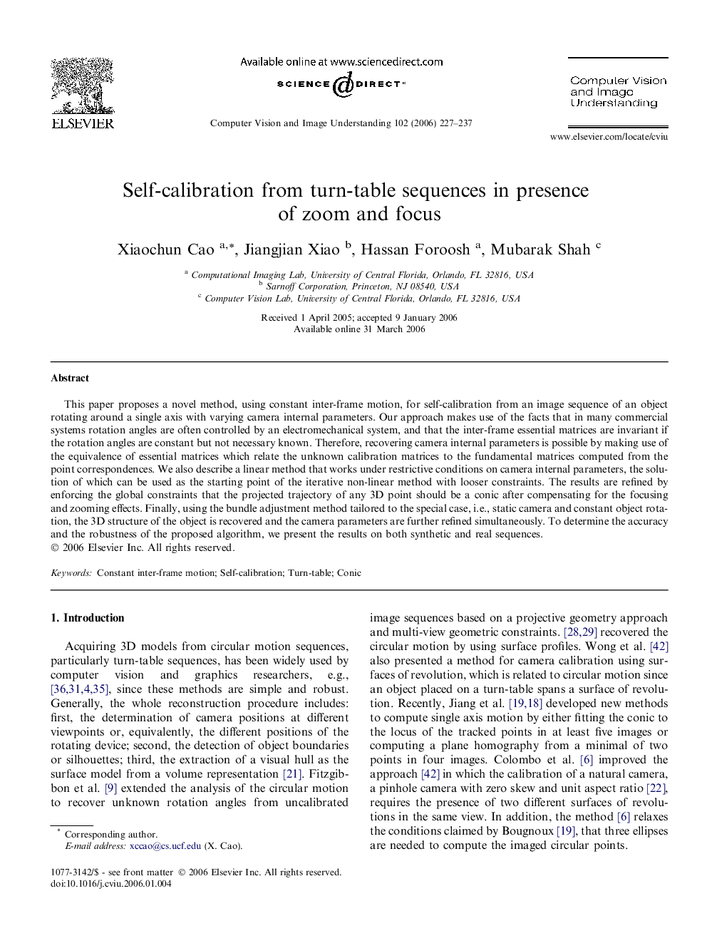 Self-calibration from turn-table sequences in presence of zoom and focus