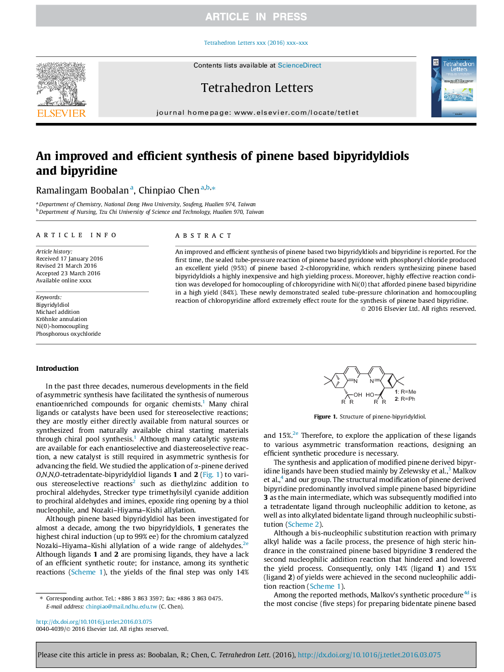 An improved and efficient synthesis of pinene based bipyridyldiols and bipyridine