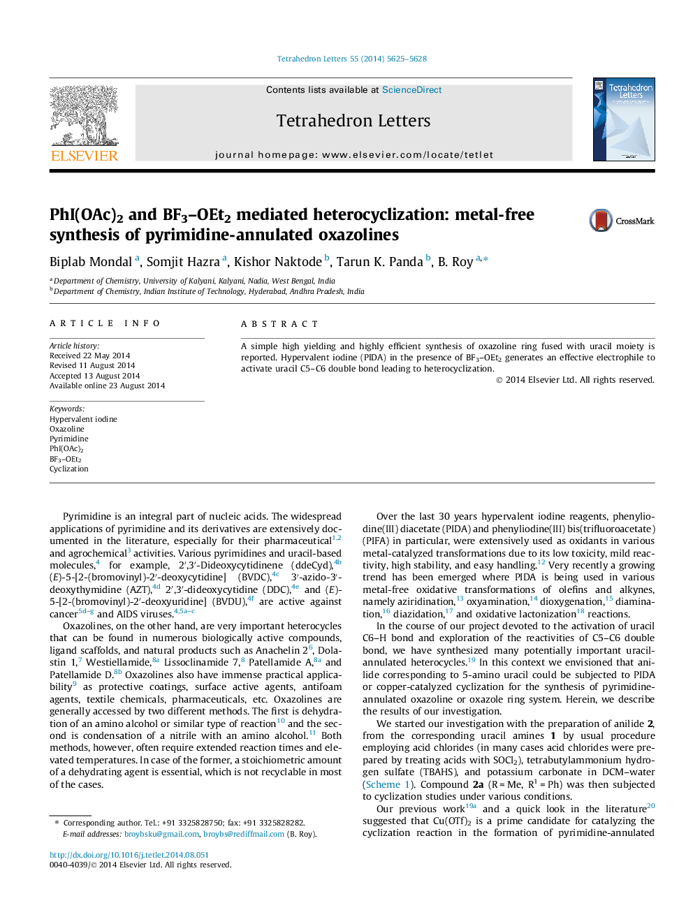 PhI(OAc)2 and BF3-OEt2 mediated heterocyclization: metal-free synthesis of pyrimidine-annulated oxazolines