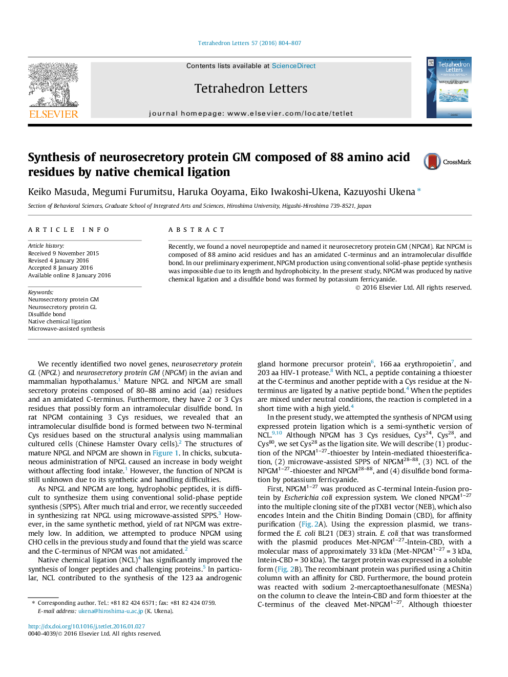 Synthesis of neurosecretory protein GM composed of 88 amino acid residues by native chemical ligation