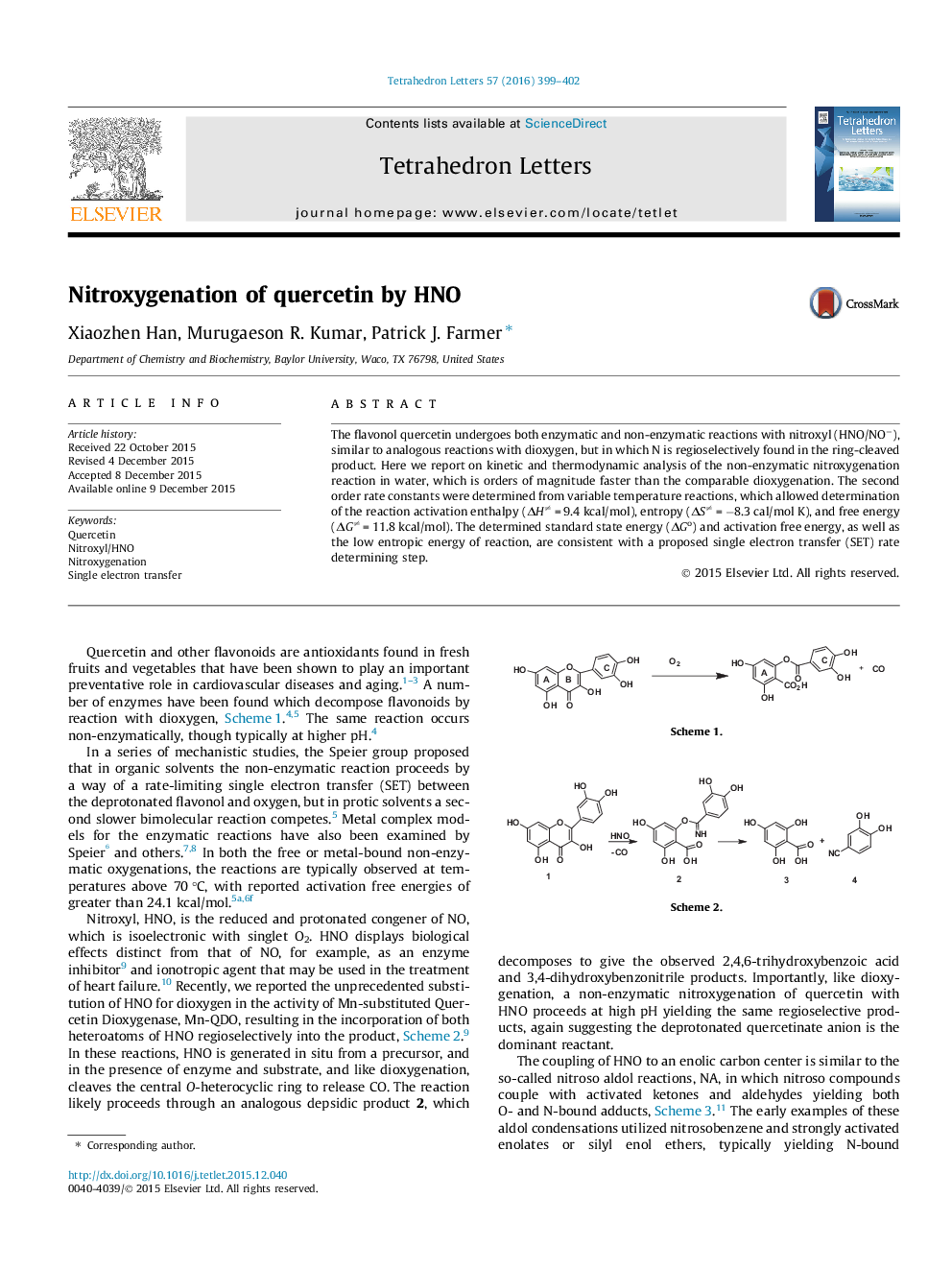 Nitroxygenation of quercetin by HNO