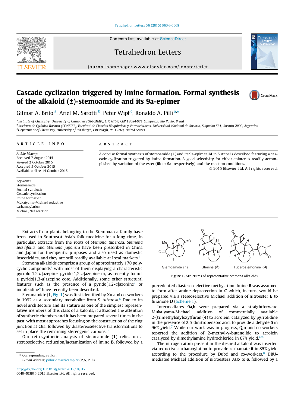 Cascade cyclization triggered by imine formation. Formal synthesis of the alkaloid (Â±)-stemoamide and its 9a-epimer