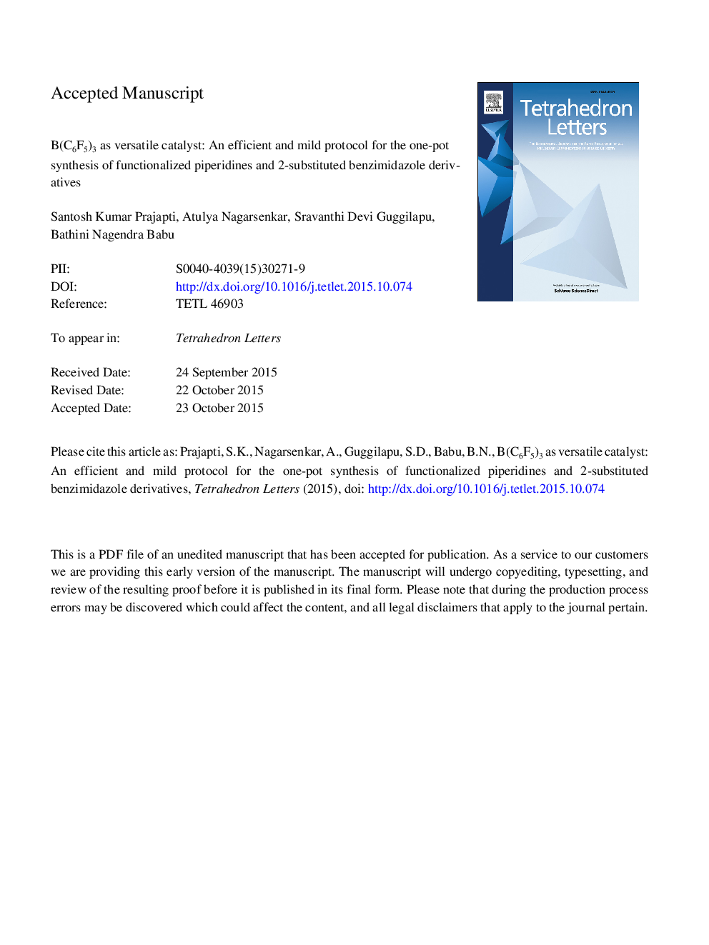 B(C6F5)3 as versatile catalyst: an efficient and mild protocol for the one-pot synthesis of functionalized piperidines and 2-substituted benzimidazole derivatives