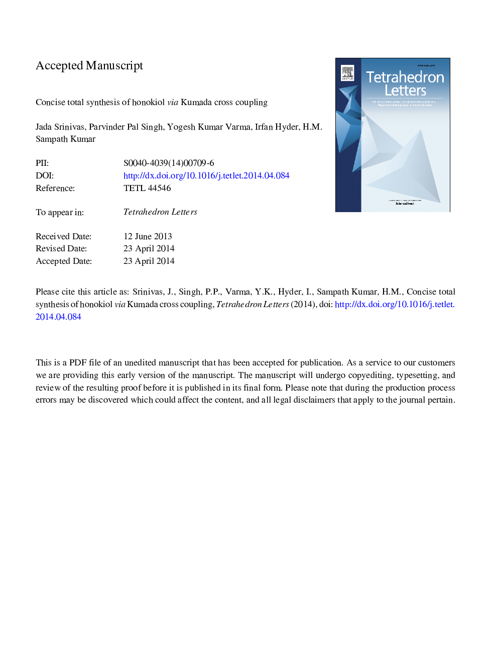 Concise total synthesis of honokiol via Kumada cross coupling