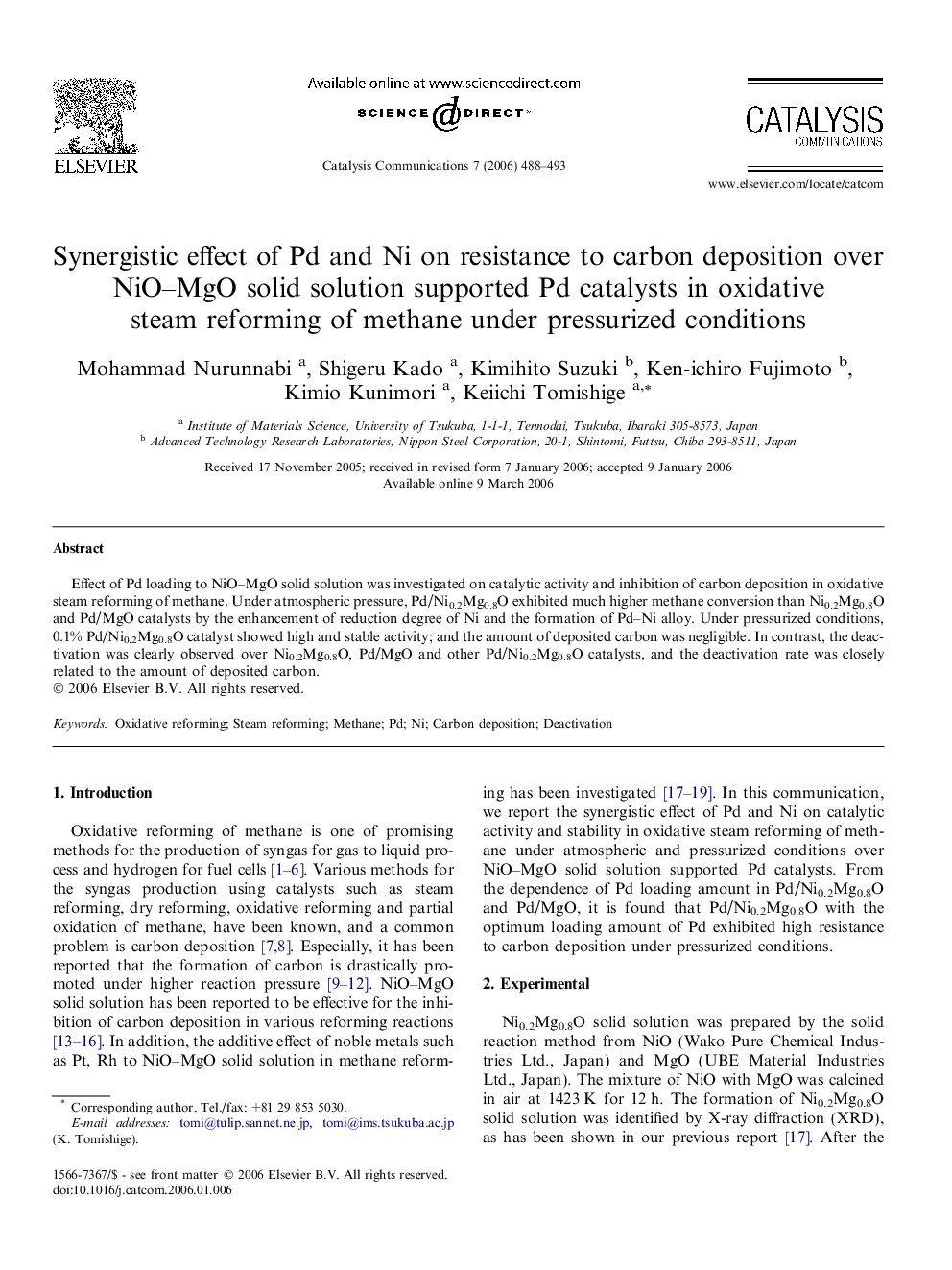 Synergistic effect of Pd and Ni on resistance to carbon deposition over NiO–MgO solid solution supported Pd catalysts in oxidative steam reforming of methane under pressurized conditions