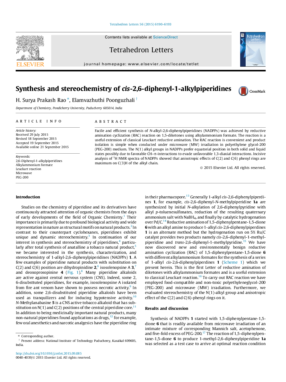 Synthesis and stereochemistry of cis-2,6-diphenyl-1-alkylpiperidines