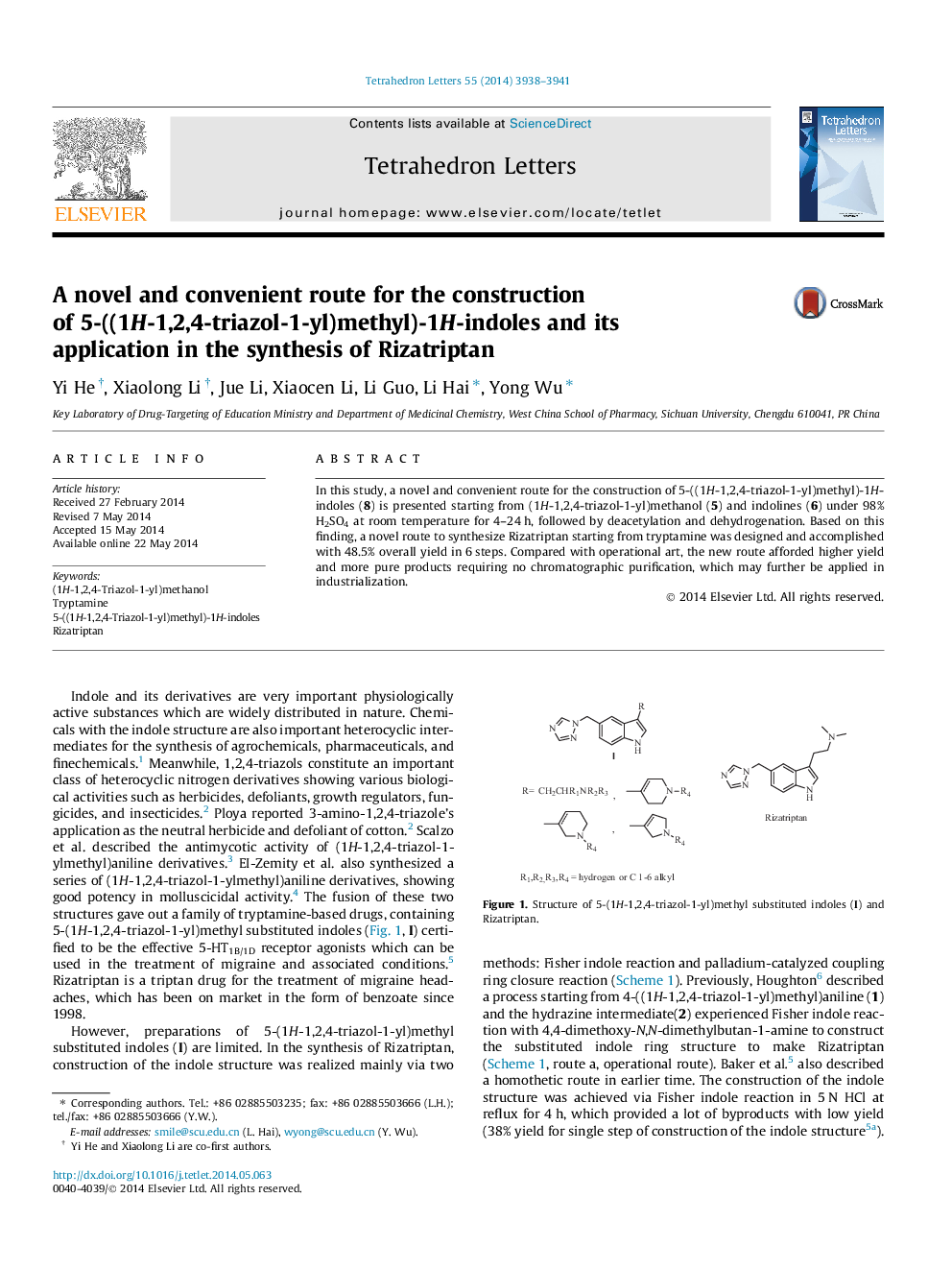 A novel and convenient route for the construction of 5-((1H-1,2,4-triazol-1-yl)methyl)-1H-indoles and its application in the synthesis of Rizatriptan