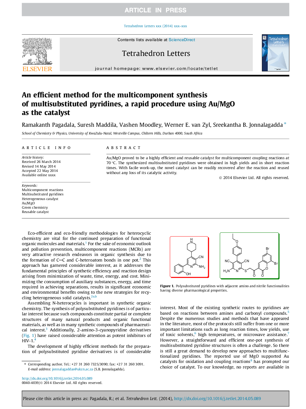 An efficient method for the multicomponent synthesis of multisubstituted pyridines, a rapid procedure using Au/MgO as the catalyst