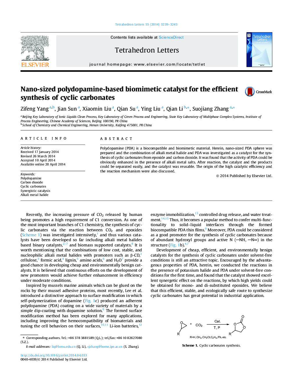 Nano-sized polydopamine-based biomimetic catalyst for the efficient synthesis of cyclic carbonates