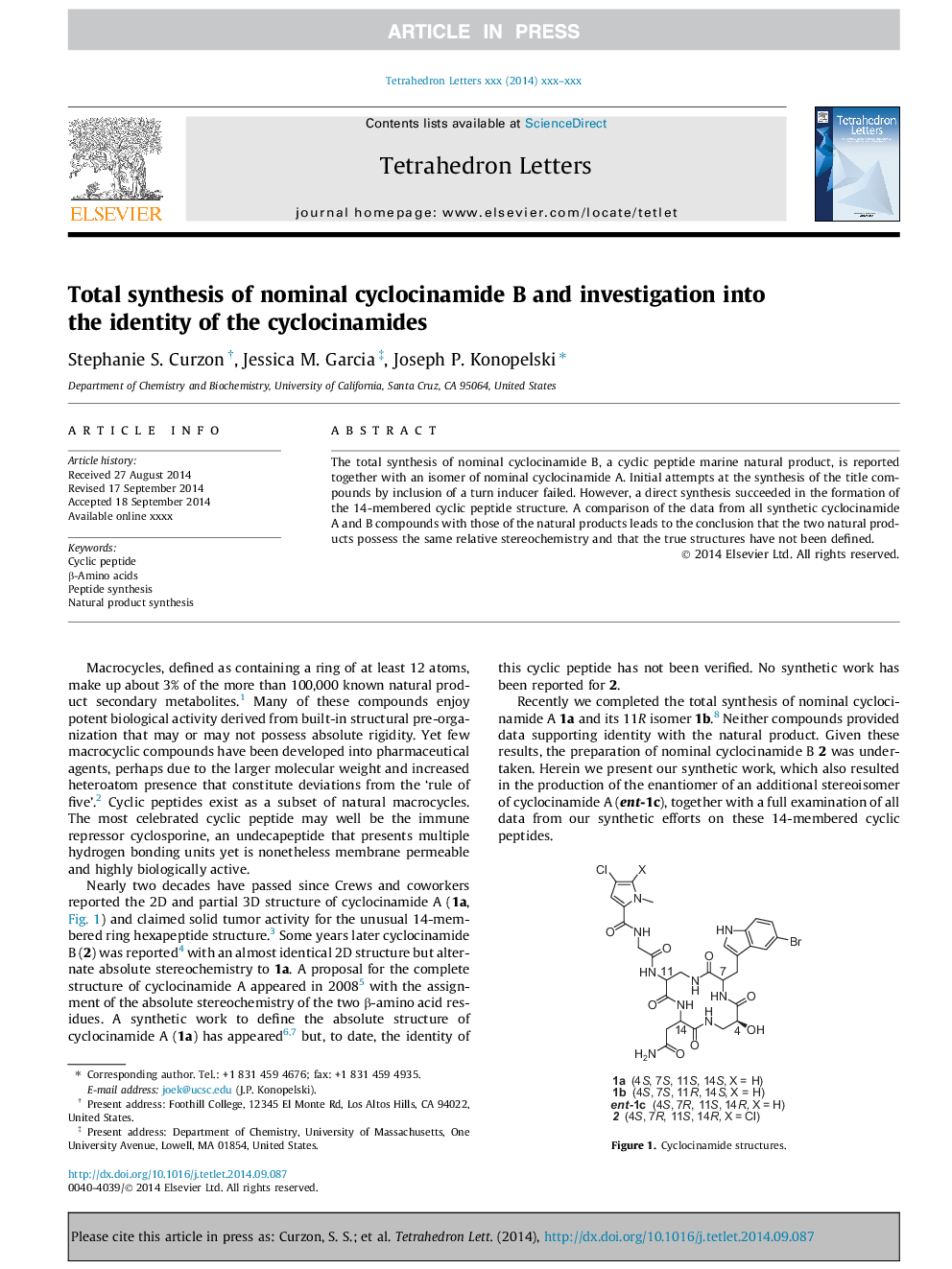 Total synthesis of nominal cyclocinamide B and investigation into the identity of the cyclocinamides