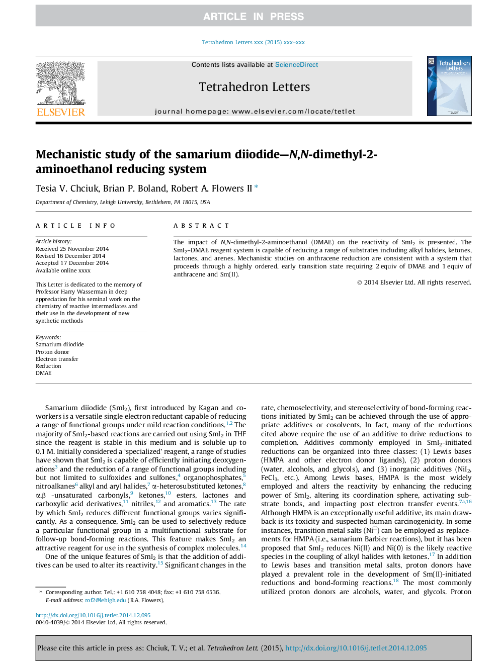 Mechanistic study of the samarium diiodide-N,N-dimethyl-2-aminoethanol reducing system