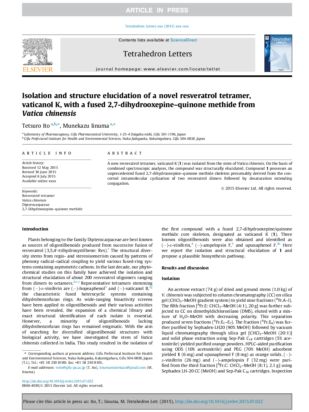 Isolation and structure elucidation of a novel resveratrol tetramer, vaticanol K, with a fused 2,7-dihydrooxepine-quinone methide from Vatica chinensis